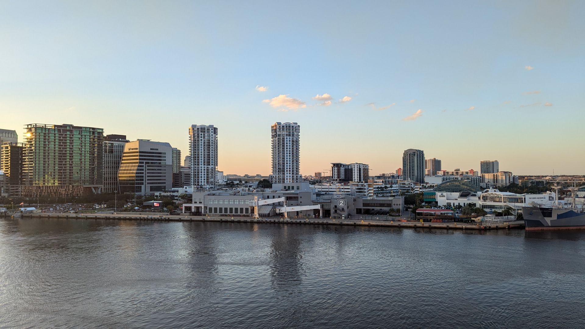 Downtown Tampa skyline across the water at dusk