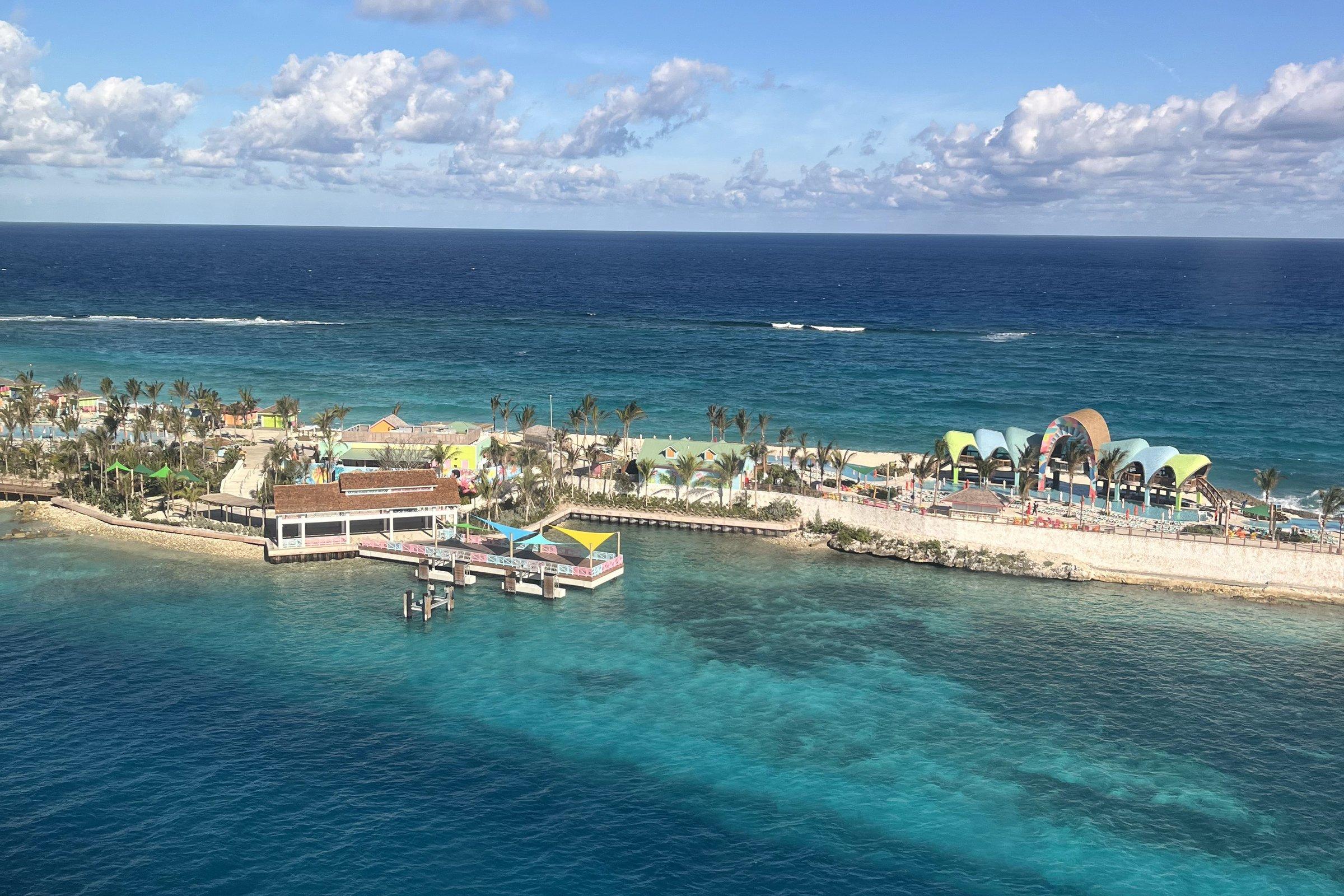 Aerial view of a Bahamian beach point and reef from the air