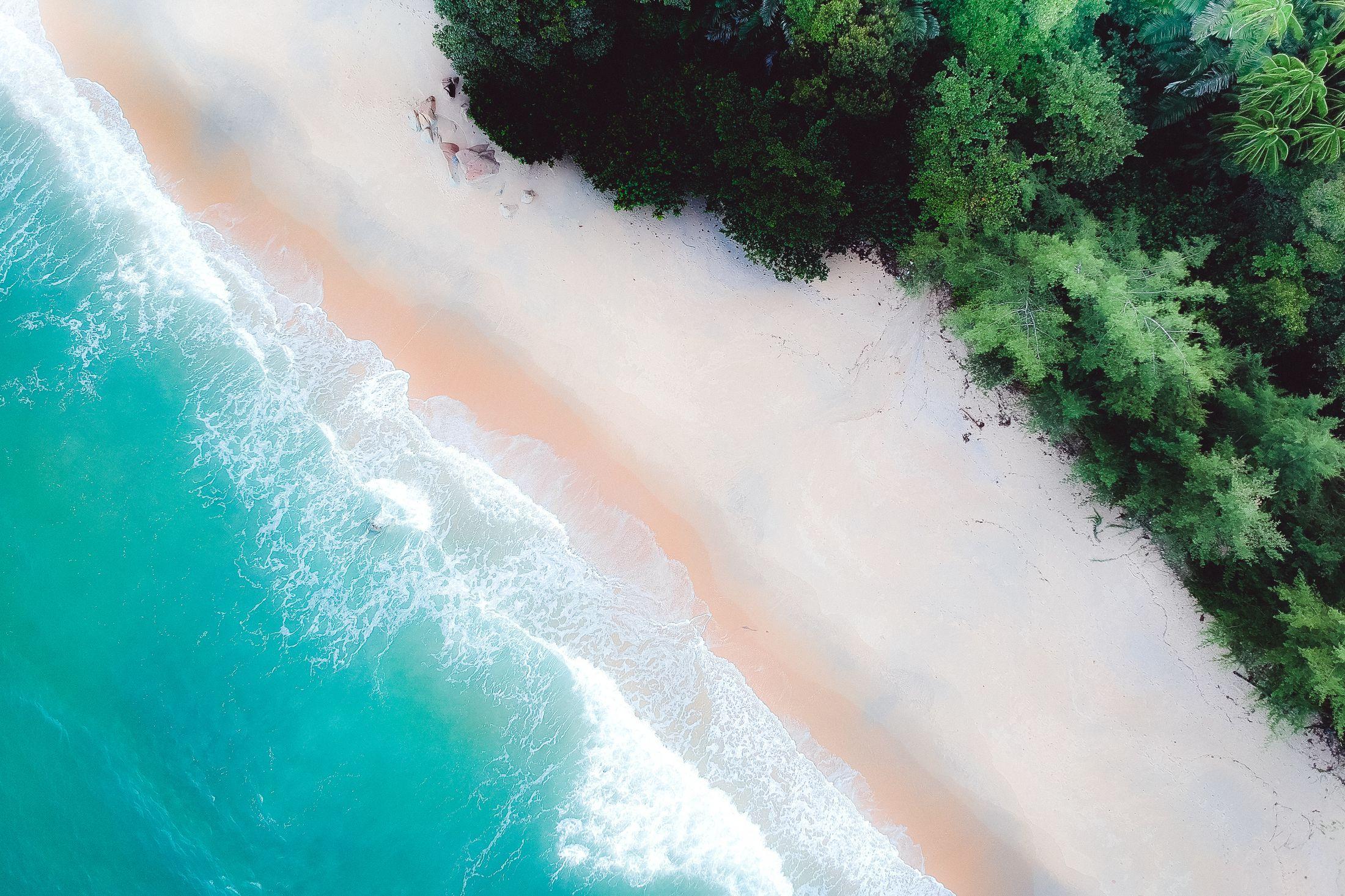 Aerial view of surf meeting a white-sand beach
